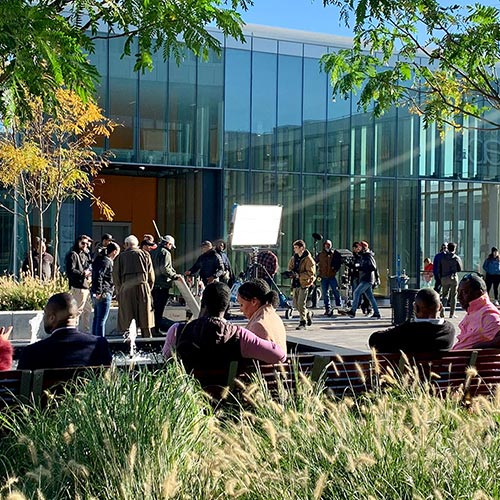 a movie being filmed at Empire Outlets