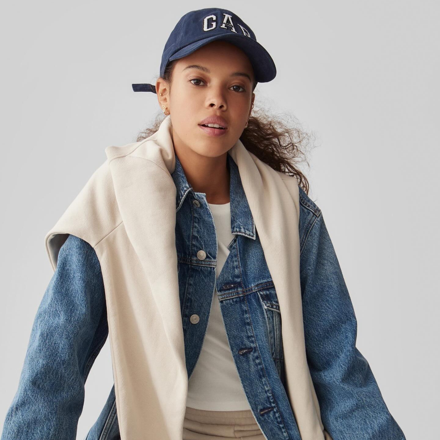 GAP FACTORY model in denim and a hat